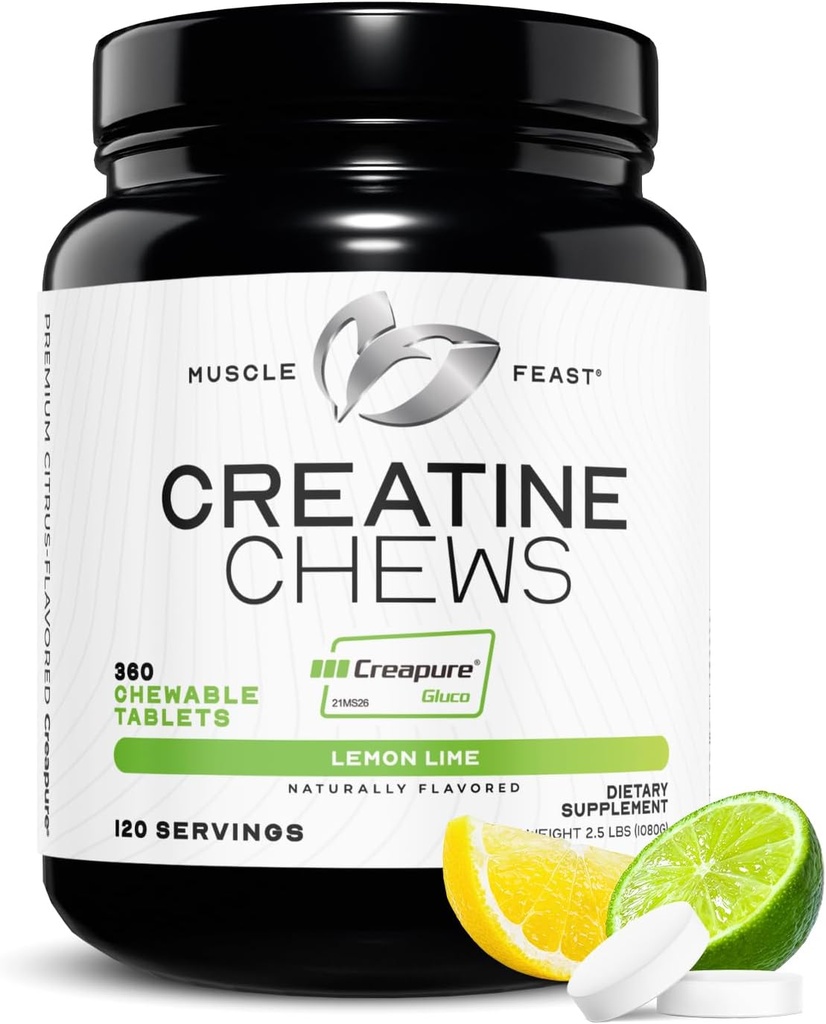 Μύες Creatine Monohydrate μασώμενα - Vegan & Gluten-free Creapure Chews Creatine για άνδρες και γυναίκες - Delicious Citrus-Flavored Creatine Tablets for Muscle Building - Lemon Lime, 360 Tabs