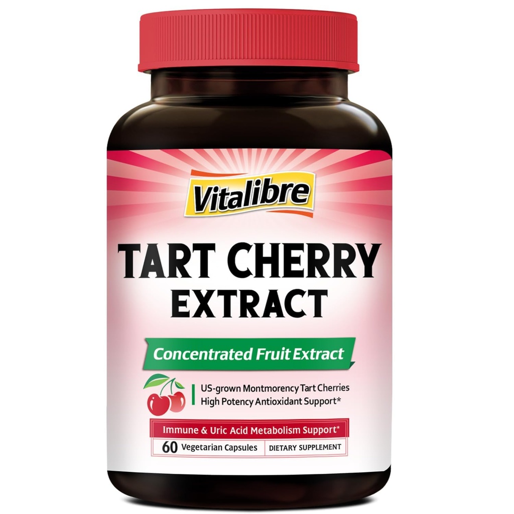 Vitalibre Tart Cherry Capsules, 500 mg Tart Cherry Extract Per Capsule, Uric Acid Balance, Immune Support, Non-GMO, 60 Vegan Capsules