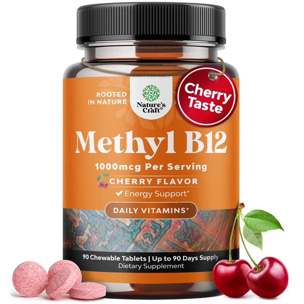 Chewable Vitamin B12 1000 mcg - Bloodated B12 Vegan Vitamin for Brain Support Natural Energy - Bone Health Eye Care and Mood Boost with Hair Skin and Nails Halal Vitamins
