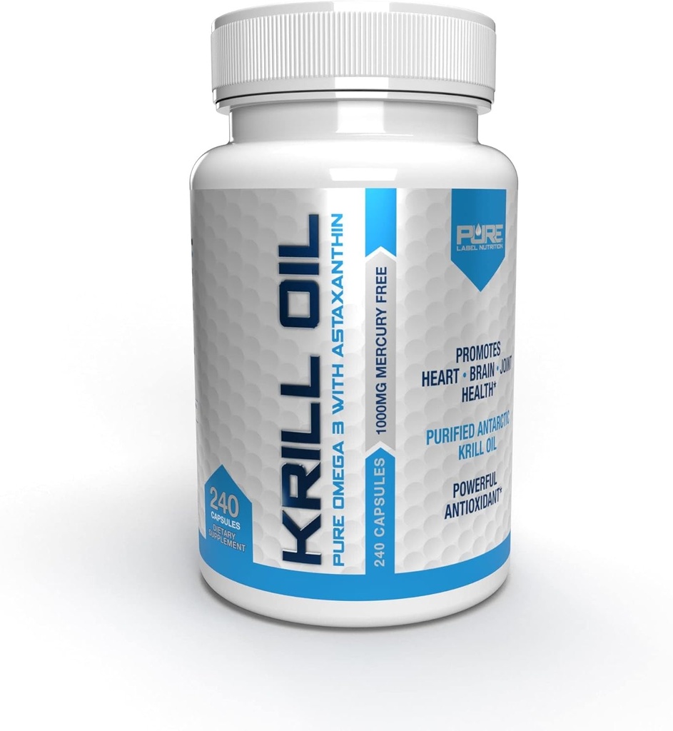Pure Label Nutrition Φρέσκο λαδι κριλ Ανταρκτικής 1000mg, Ωμέγα 3, Extra Strength, EPA & DHA softgels με αντιοξειδωτική Ασταξανθίνη. Συμπλήρωμα για την υγεία της καρδιάς και χωρίς επίγευση ψαριού. 240 ζελέ