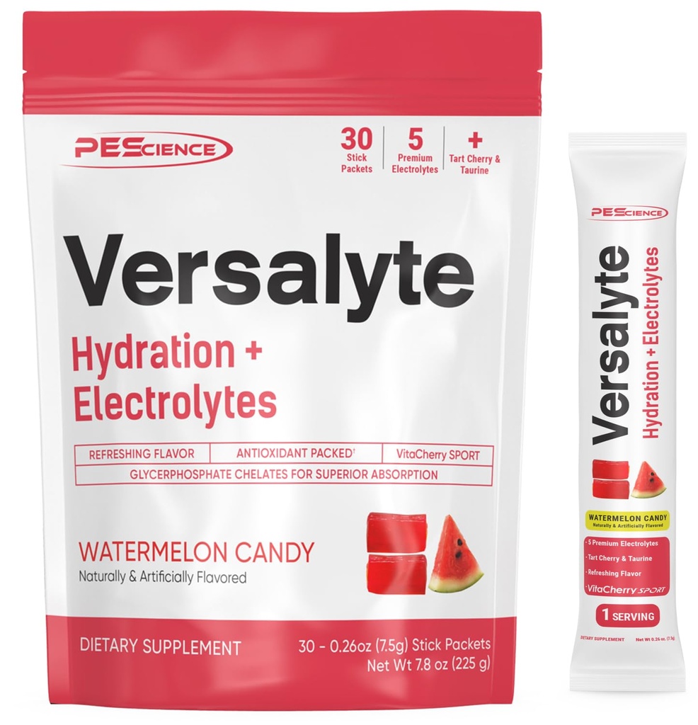 PEScience Versalyte Electrolyte Hydration Packets, Sugar Free Electrolyte Powder with Magnesium, Taurine, Antioxidants, Trace Minerals, Low Sodium - Watermelon Candy, 30 Servings