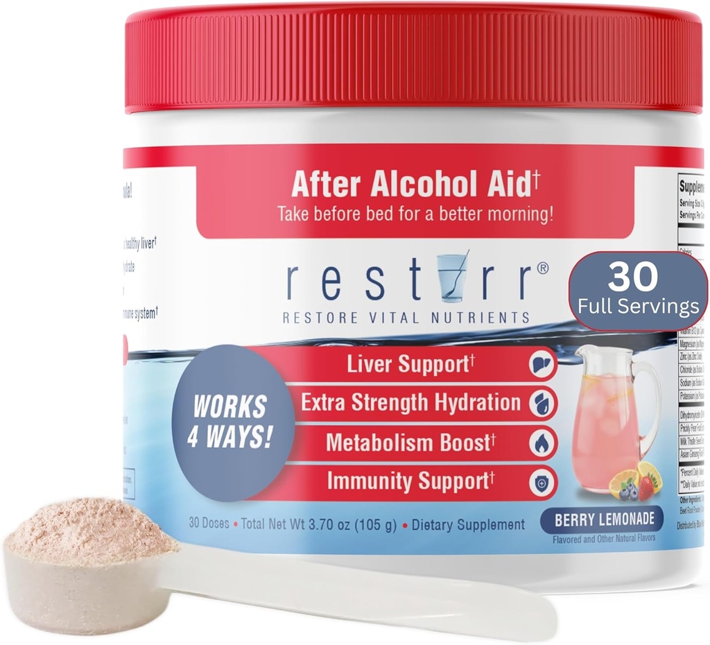 Restirr After Alcohol Aid & Recovery: Υποστηρίζει την υγεία του ήπατος, ενισχύει τον μεταβολισμό και υποστηρίζει το ανοσοποιητικό σύστημα με DHM, Milk Thistle, B-Complex, Ενυδάτωση. 30 Δόσεις