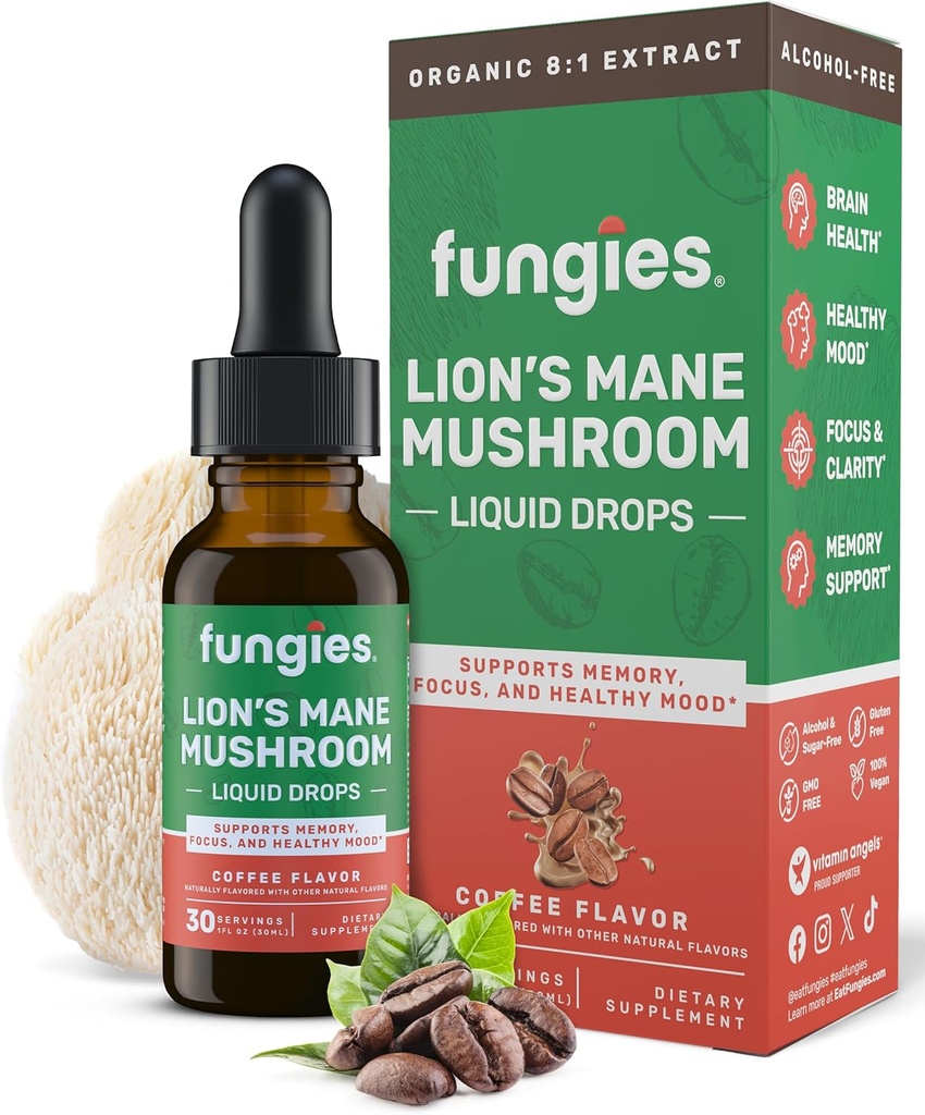 Fungies Lion's Mane Mushroom Liquid Drops, Coffee - Βάμμα με Lions Mane Extract Υποστηρίζει εγκεφαλική ομίχλη, Focus, Memory & Healthy Mood - Mushroom Complex Συμπλήρωμα για Ενήλικες - 30 Υπηρεσίες