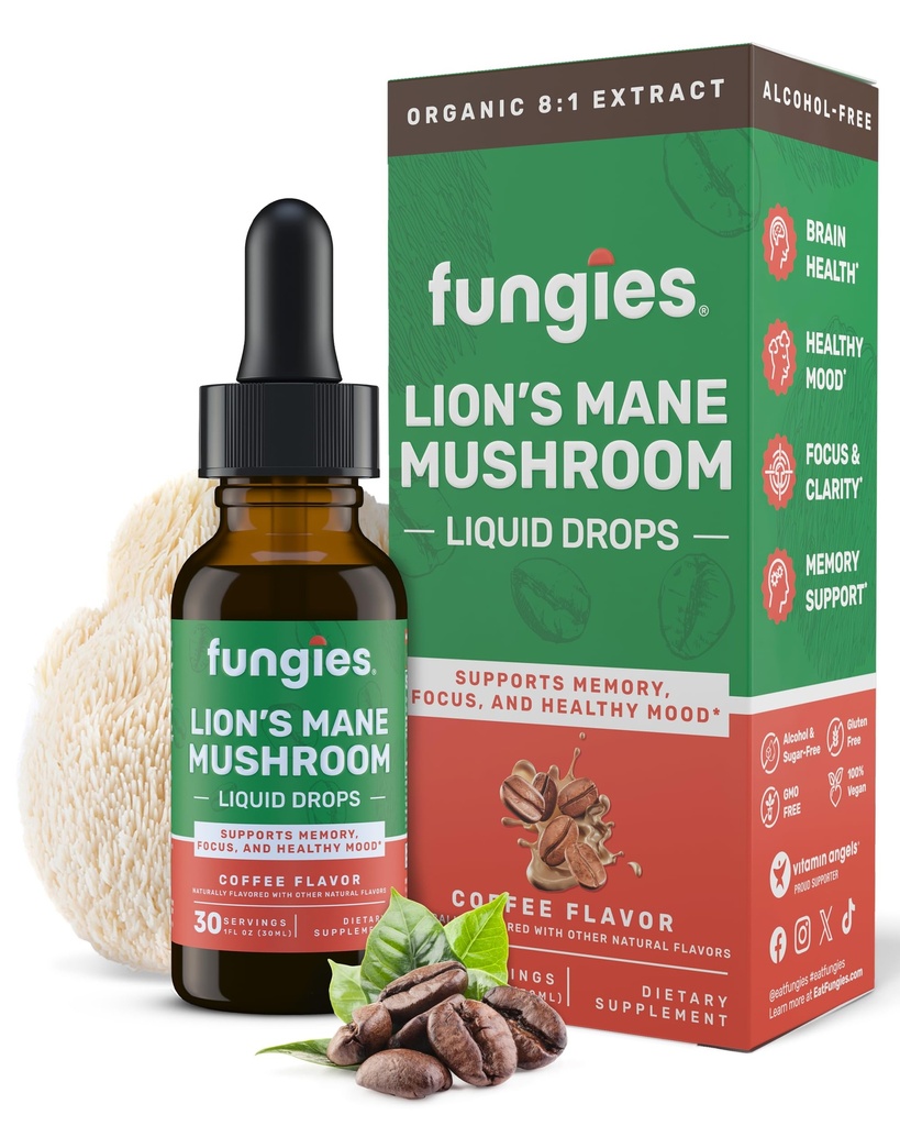Fungies Lion's Mane Mushroom Liquid Drops, Coffee - Βάμμα με Lions Mane Extract Υποστηρίζει εγκεφαλική ομίχλη, Focus, Memory & Healthy Mood - Mushroom Complex Συμπλήρωμα για Ενήλικες - 30 Υπηρεσίες