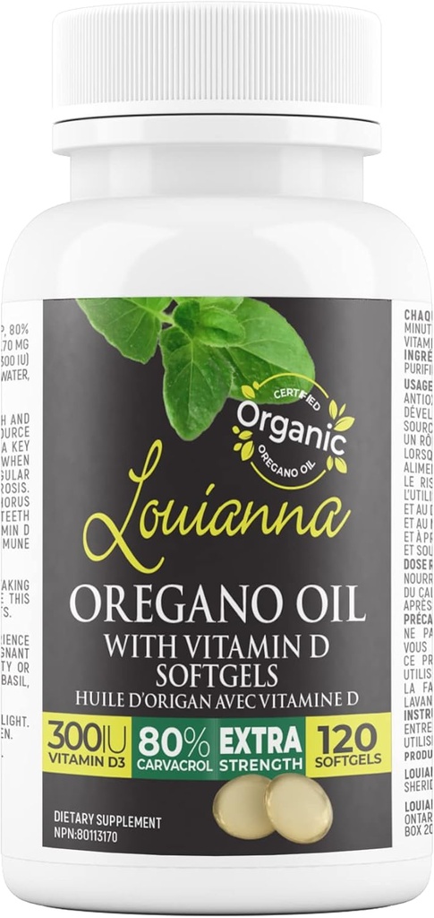 Louianna - Organik Vahşi Oregano Oil with Vitamin D, Sıvı Softgel Capsules with 80 Percent Carvacrol, Supports Your Bones, Immune and Gut Health, Herbal Supplements, 120 Softgels