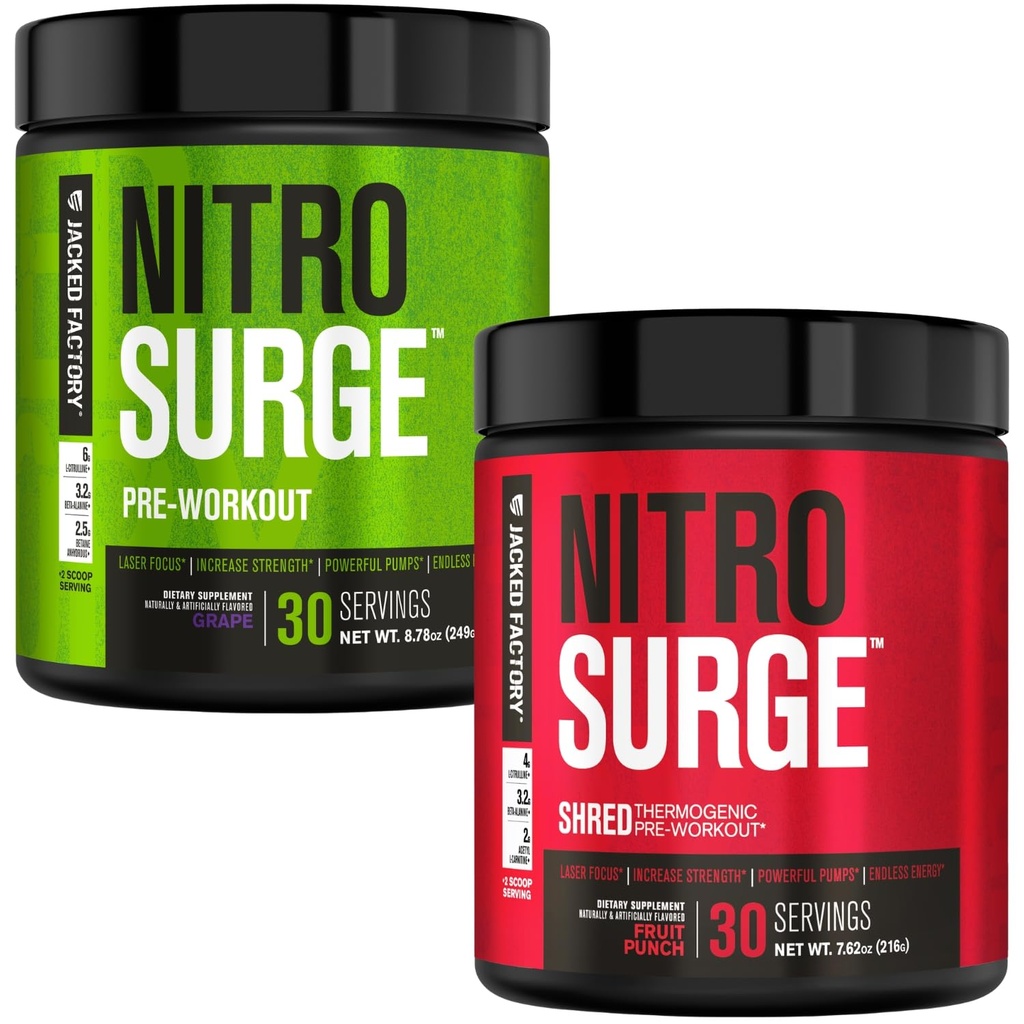Jacked Factory Nitrosurge Pre-Workout in Grape & Fruit Punch Nitrosurge Ked Termogenic Pre-Workout for Men & Women