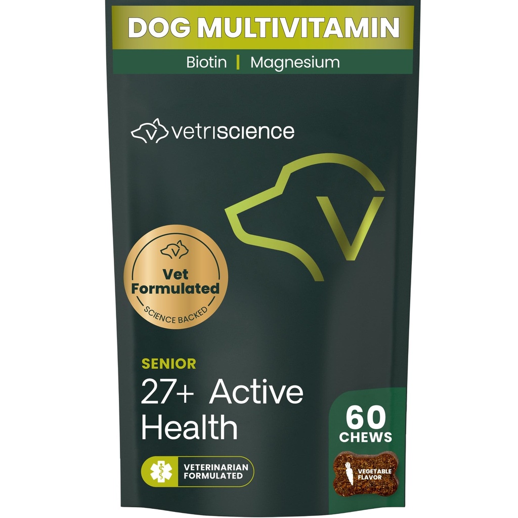 Vetri Science Senior 27+ Active Health Chews, Canine Plus Daily Multivitamin for Senior Dogs, Dengeli Vitaminler, Mineraller ve Antioksiler, Sağlıklı Aging ve Wellness Desteği, Veggie, 60 Kont