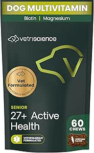 VetriScience Senior 27+ Active Health Chews, Canine Plus Καθημερινή πολυβιταμίνη για Senior Dogs, Ισορροπημένες Βιταμίνες, Ορυκτά και Αντιοξειδωτικά, Υγιεινή γήρανση και υποστήριξη ευεξίας, Veggie, 60 Count