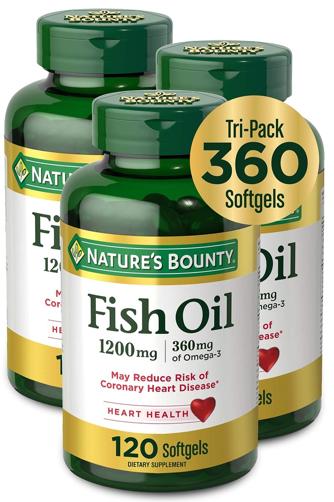 Nature's Bounty Fish Oil, 1200 mg, Omega-3 360 mg, 120 (3 Pack, 360 Total) Softgels 120 Softgels