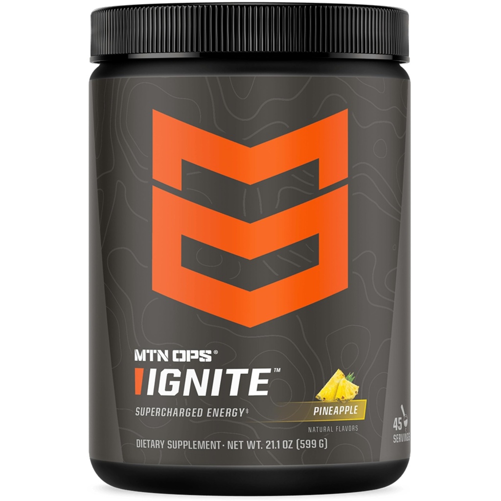 MTN OPS Ignite Sugar Free Energy Drink Powder with 200mg Caffeine, Nootropic Blend for Energy, Focus & Endurance, L Arginine & L Citrulline Pre Workout, 45 Servings, Pineapple