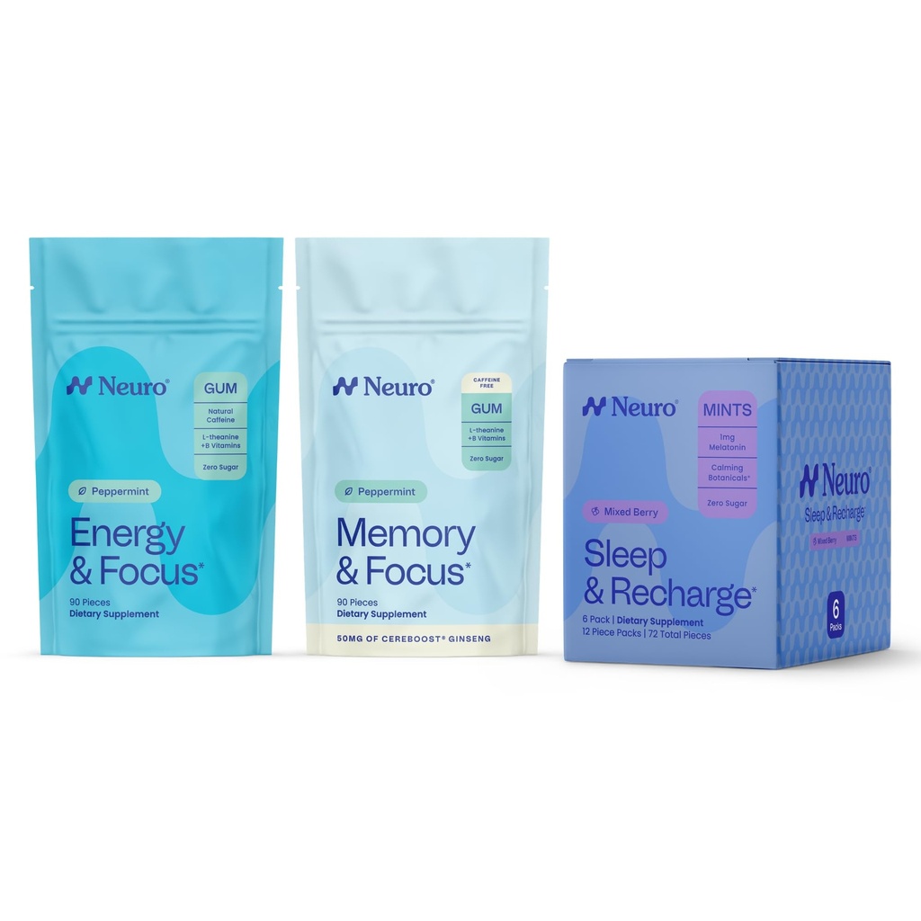 Neuro Day & Night Cognitive Bundle - Energy & Focus Smart Gum 90 Chewables Peppermint + Sleep & Recharge Mints 72 Chewables Chamomile + Memory & Focus Gum 90 Count Sugar Free - All-Day Support