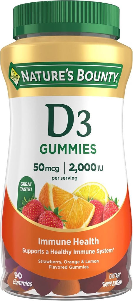 Η βιταμίνη D3 Gummies της φύσης, συμπλήρωμα βιταμίνης, υποστηρίζει την ανοσοποιητική υγεία, 50mcg, 2000IU, μικτή γεύση φρούτων, 90 Gummies