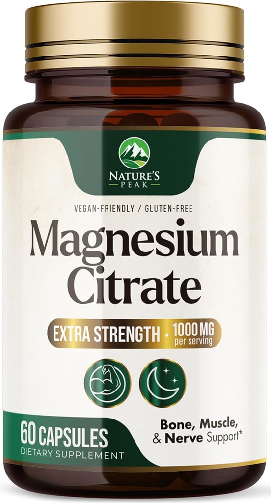 Magnezyum Citrate 1000 mg - Yüksek Aborpsiyon Supplement Magnezyum Desteği Kas, Bone, Nerve & Heart Health - Ekstra Güçlü Magnesio Kompleks Pills - Non-GMO, Premium Enerji Formula - 60 Capsules