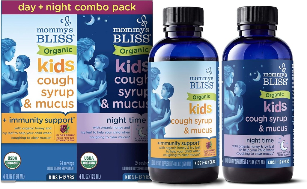 Mommy's Bliss Organic Cough Syrup & Mucus for Kids, Day and Night Combo Pack with Vitamin C and Immunity Support, Περιέχει βιολογικό μέλι και κισσός φύλλο, 4 fl Oz (Pack of 2)