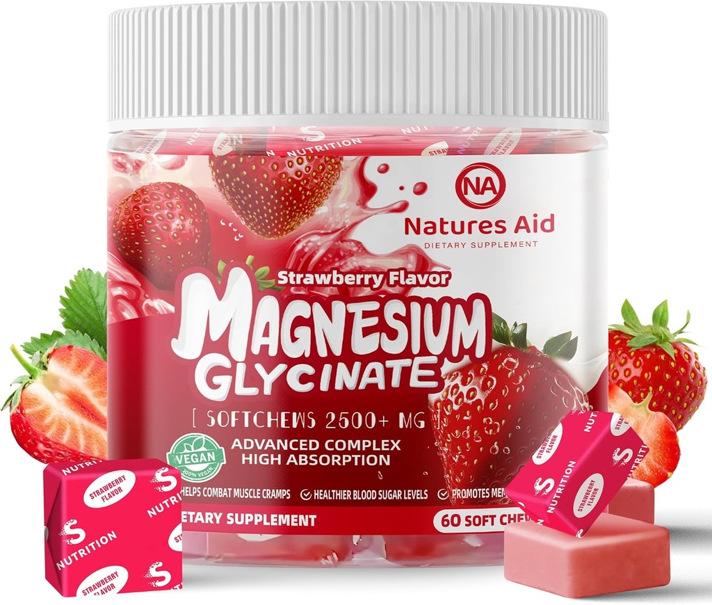 Magnezyum Glycinate Soft Chews, Strawberry Flavor. Kawable Sugar Free P Magnezyum Chews with Magnezyum Glycinate, Vitamin D, B6, and CoQ10 for Calm Support & Sleep for Yetişkinler, 60 Days Supply