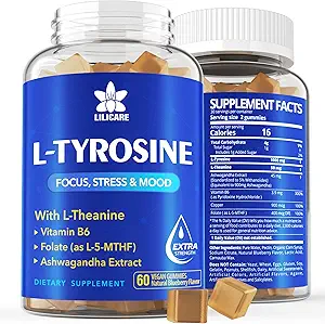 L Tyrosine Gummies 1100mg Υποστήριξη Mood με Ashwagandha, L-Θεανίνη, Βιταμίνη B Complex B6, Folate B9, για Focus & Memory, Cognition & Brain Function, Energy Boost, Stress Support, Vegan 60Cts