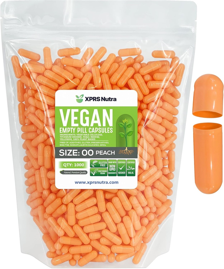 XPRS Nutra Boyutu 00 Boş Kapsüller - 1000 Kont Boş Vegan Capsules - Vejetaryen Boş Pills - DIY Sebze Kapsülü - Veggie Pill Caps (Peach)
