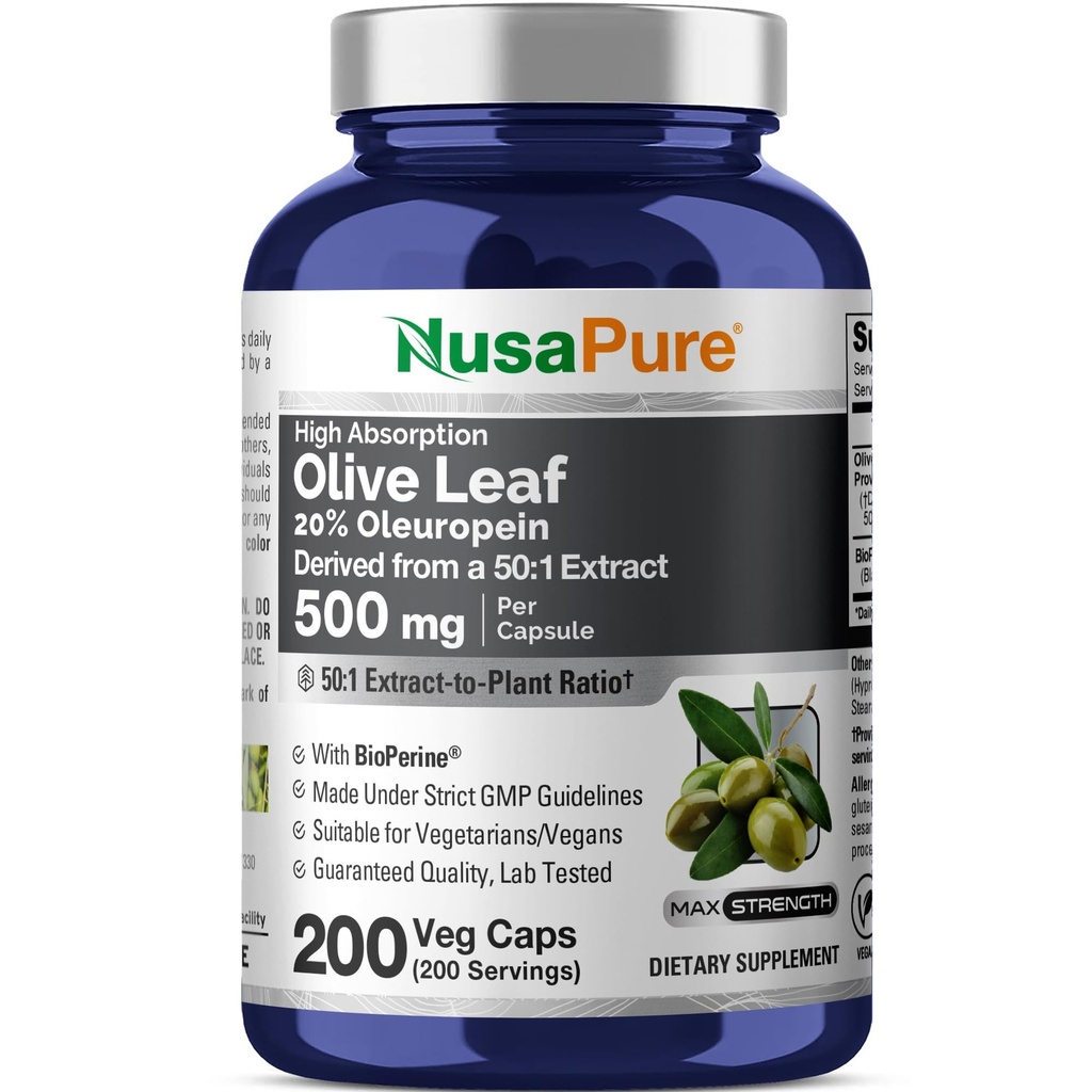 NusaPure Olive Leaf Capsules 500mg, 200 Veg Caps (Non-GMO, Vegan, Non-GMO)
