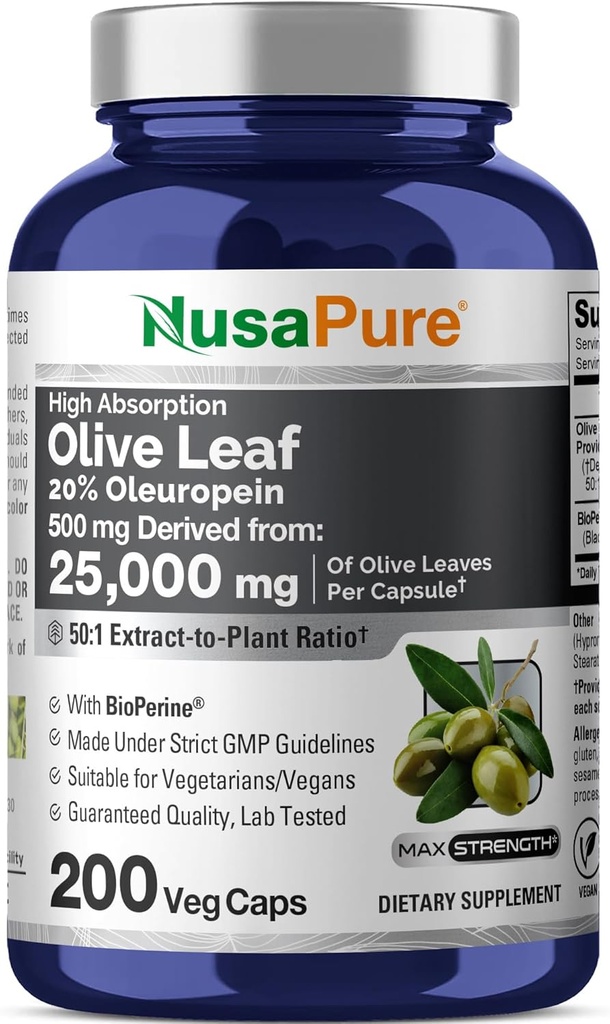 NusaPure Olive Leaf% 20 Ol Europein 50:1 Ekstraksiyon, 500 mg 25.000 mg 200 Veg Caps Vegetarians ve Vegans için Uygun, Non-GMOMO