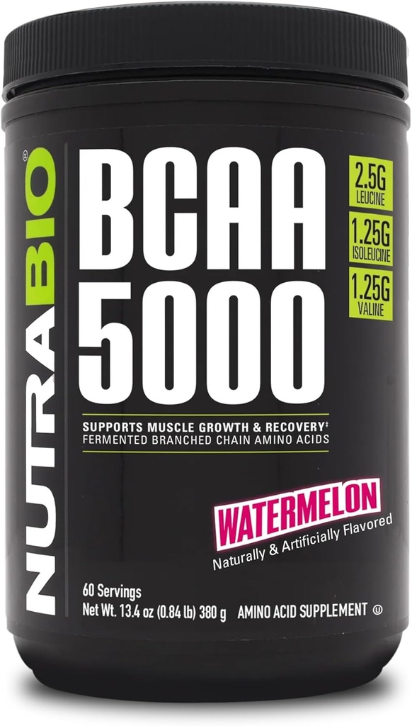NutraBio BCAA 5000 σκόνη - Vegan Fermented BCAAs - Υποστηρίζει Lean μυϊκή ανάπτυξη, ανάκτηση, αντοχή - 60 εξυπηρετεί - Καρπούζι