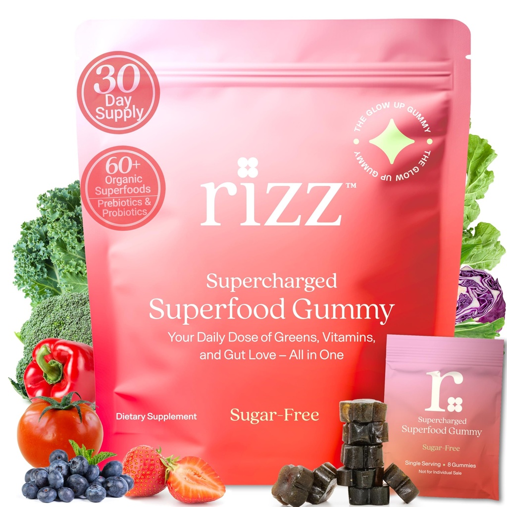 RIZZ Sugar-Free Green Gummies - 60+ Superfoods 6g Fiber - 30 Day Supply Prebiotic and Probiotic Gummies - Vegan Multivitamins for Women & Men - Gluten Free - Mushroom, Fruit and Vegetable Supplements