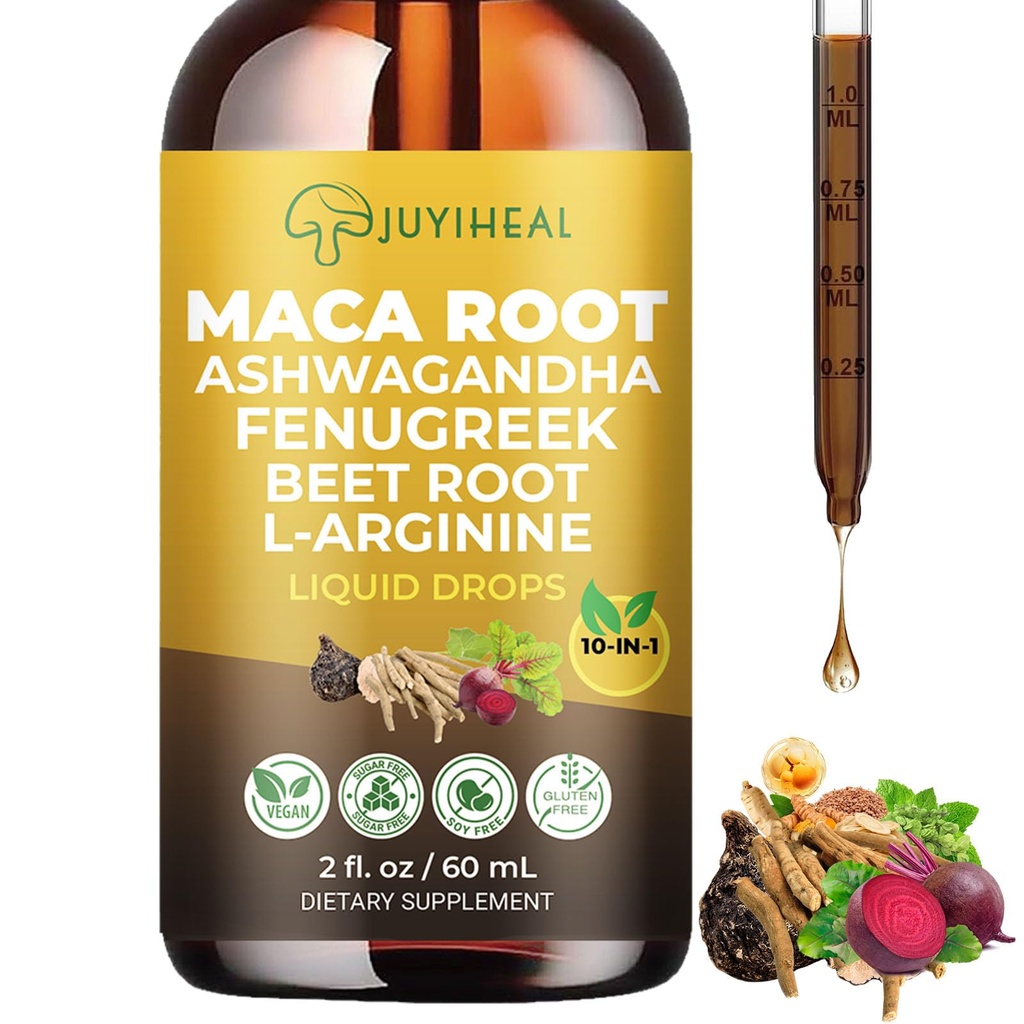10-in-1 Maca Root Liquid Drops, Maca Root with Ashwagandha, Nettle, Fenugreek, Beet Root, and L-Arginine, Maca Supplement for Overall Support - 2 fl oz