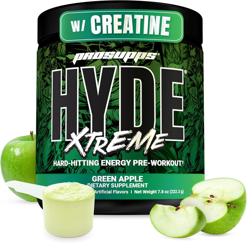 PROSUPPS κ. Hyde Xtreme Pre Workout Powder με Creatine, Beta Alanine & Caffeine - Extreme Energy, Αντλίες, Focus & Performance - Καταλληλότητα & Γυμναστήριο Συμπληρώματα για άνδρες και γυναίκες (Πράσινη Apple, 30 Services)