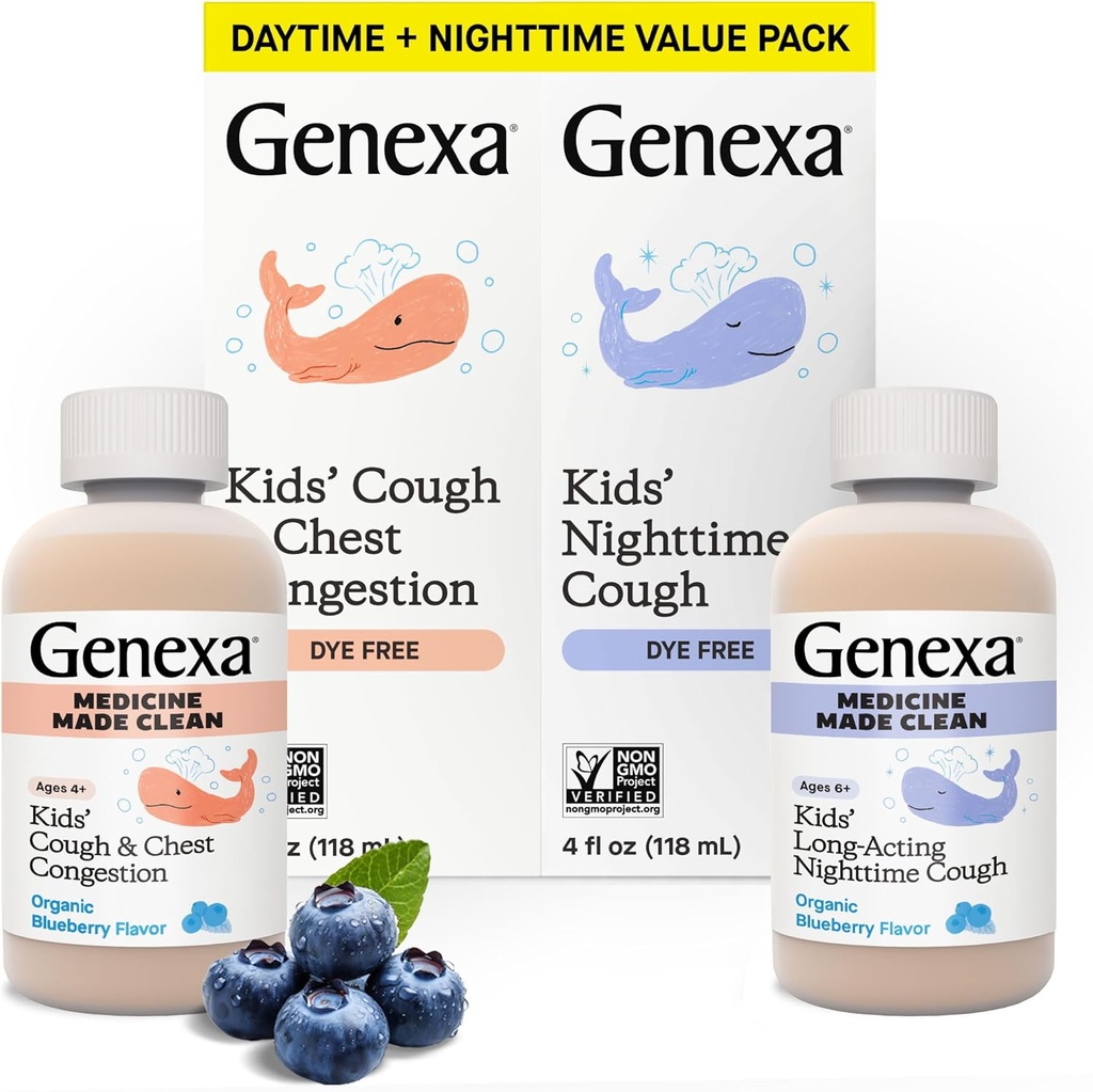 Genexa Παιδική Καθαρή Ημέρα & Νυχτερινή Ιατρική για τον Βήχα, Χωρίς Βαφή, 0% Τεχνητές Πρόσθετες, Παιδικός Βήχας, Θωρακική Συμφόρηση, Runny Μύτη & Φτάρνισμα Ανακούφιση, Ηλικίες 6+, Οργανική Γεύση Βατόμουρου, 8 fl oz (2 Pack)