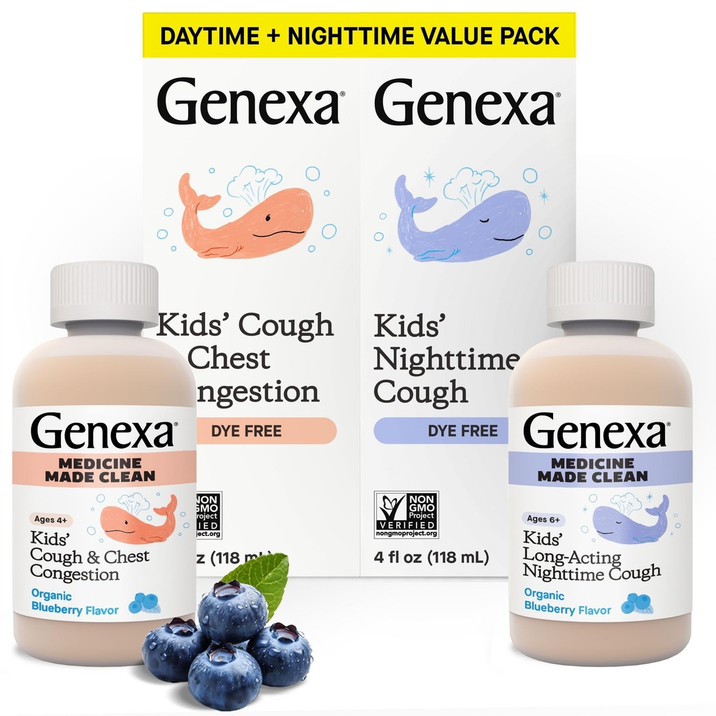 Genxa Kids' Clean Day & Night Cough Medicine, Dye Free, 0% Yapay Katkılar, Çocuk Cough, Chest Congestion, Runny Nose & Sneezing Relief, 6+, Organik Blueberry Flavor, 8 fl oz (2 Pack)