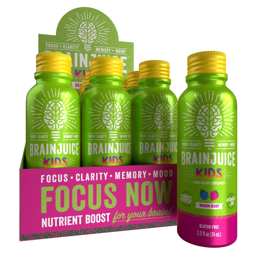 BeyinJuice Kids Brain & Immune Support Shot, Gluten Free Supplement Shots for Energy, Focus, Immunity with Vitamin D, C, B, Alpha GPC & Organic Ginger Root, 5+, Dragon Berry, 2.5 fl oz, 12 Pack