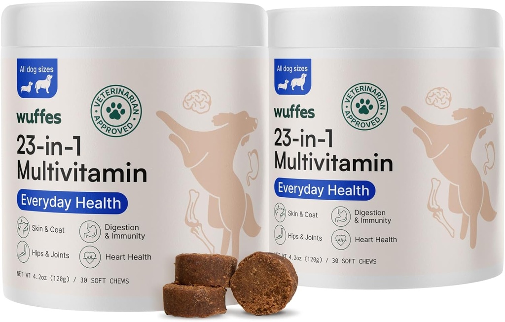 Wuffes 23-σε-1 Μασώμενα σκυλιά Multivitamin&Supplements Bundle - Σκύλος πολυβιταμίνη για μικρές & μεγάλες Φυλή - 2 Pack - 60 Count