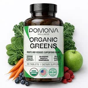 Pomona Wellness Super Greens Supplement, Superfood Vitamins & Minerals, Meyveler ve Sebze, Bloating ve Digestion için Yeşiller Toz, Gut Health, USDA Organic, Non-GMO, 60 Tabletler