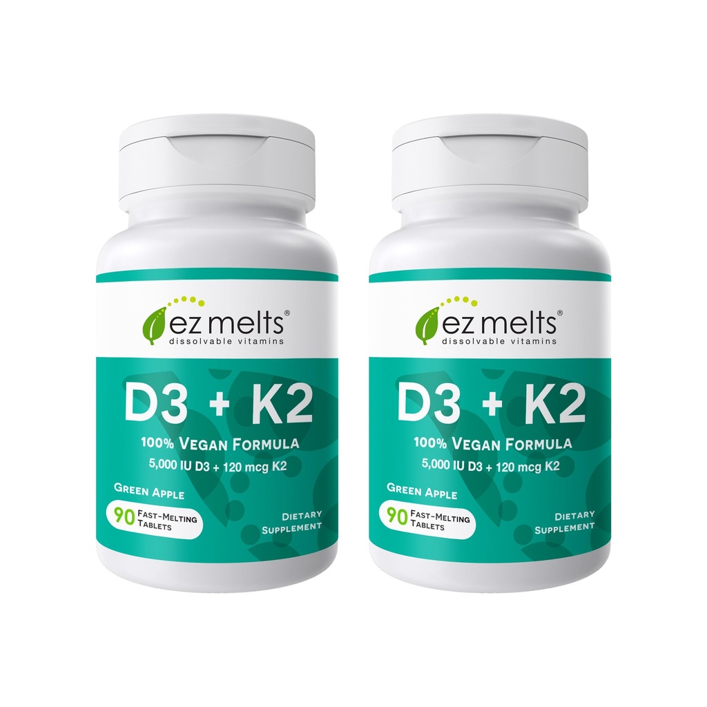 EZ Melts Dissolvable Vegan Vitamin D3 + K2 5,000 IU - Bone & Heart Health Support - Immune Function Support - No Artificial Flavors - Non-GMO - Green Apple - 180 Dissolvable Tablets (180 Servings)