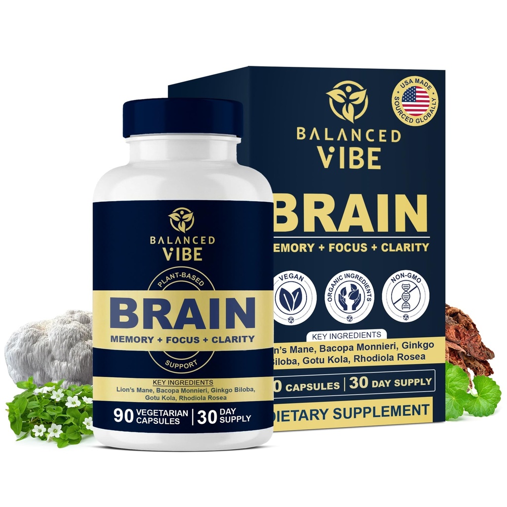 Nootropic Brain Support Supplement with Lion's Mane, Bacopa, Rhodiola, Ginkgo Brain Supplements for Memory, Focus & Mental Clarity, Non-Stimulant, Organic, Vegan, GMP Certified, 90 Capsules