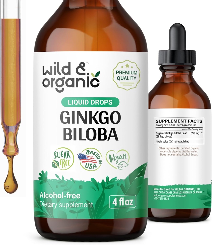 Vahşi & Organik Ginkgo Biloba Ekstralar - Beyin ve Oda Destek - Sıvı Ginkgo Biloba Supplements - Vegan, Sugar & Alkol-Free Herbal Tincture - 4 fl ozz