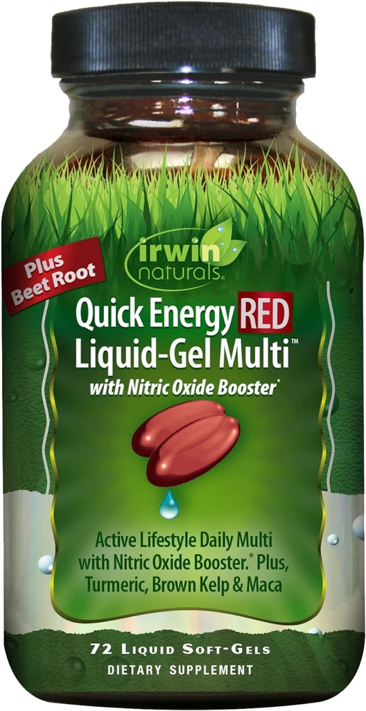 Irwin Naturals Quick Energy RED Liquid-Gel Multi with Nitrik Oksit - 72 Sıvı Yumuşakgels - Nitrik Çimento Sistemleri, Turmeric, Brown Kelp, Maca & Beet Root