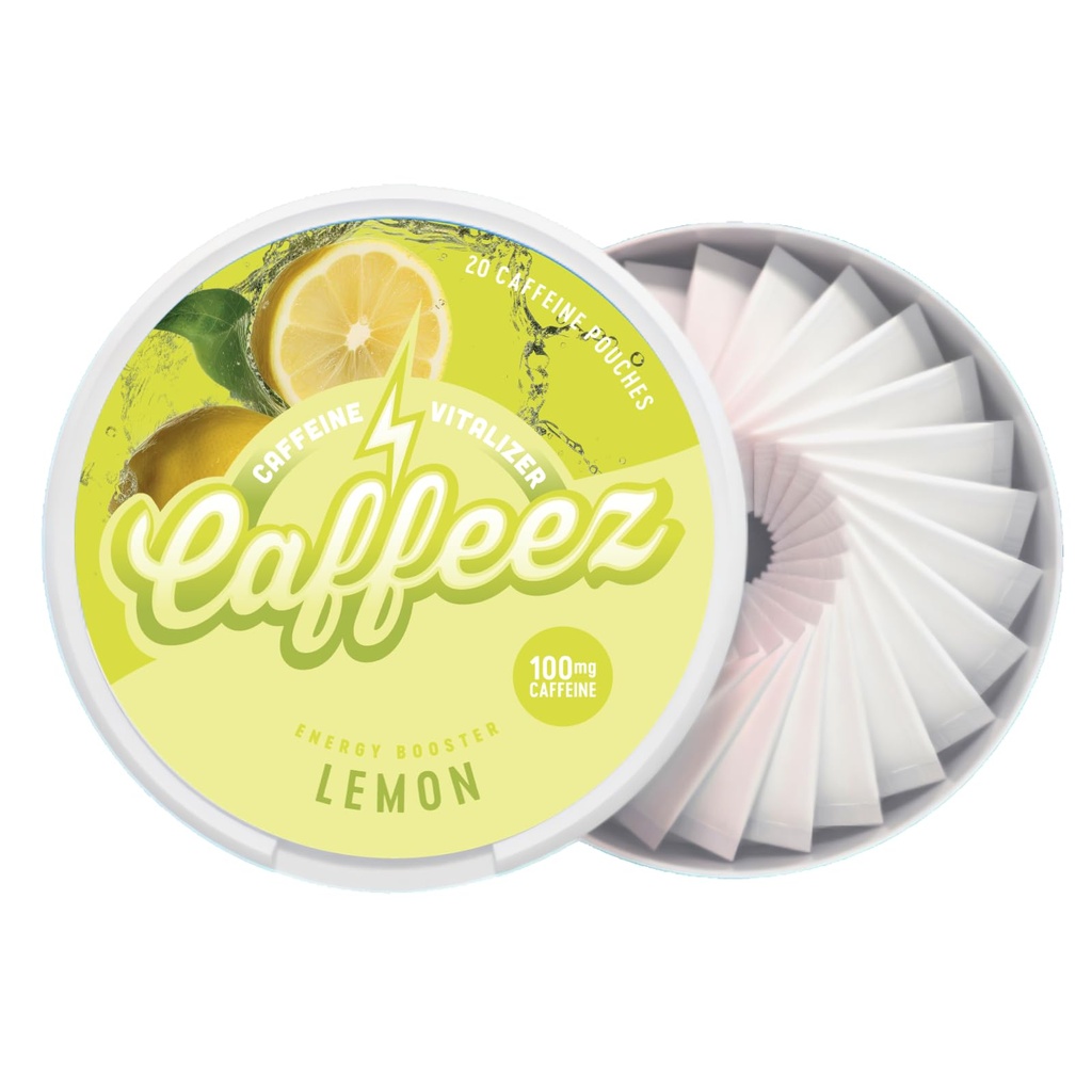 CAFFEEZ VITALIZER CAFFEINE™ - Energy Pouches | Caffeine Pouches | 50mg Natural Caffeine | 250mg Guarana | 0 Calories | 0 Sugar | 20 Pouches Per Can | 1 Tin or 1 Sleeve (1 Tin, Lemon)