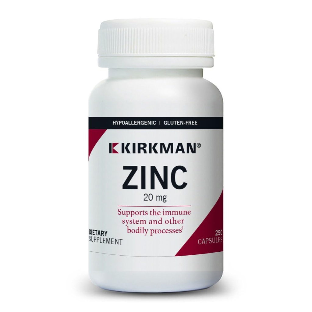 Kirkman - çinko 20 mg - 250 Capsules - Immune Support - High Abors - Hipoallergenicic