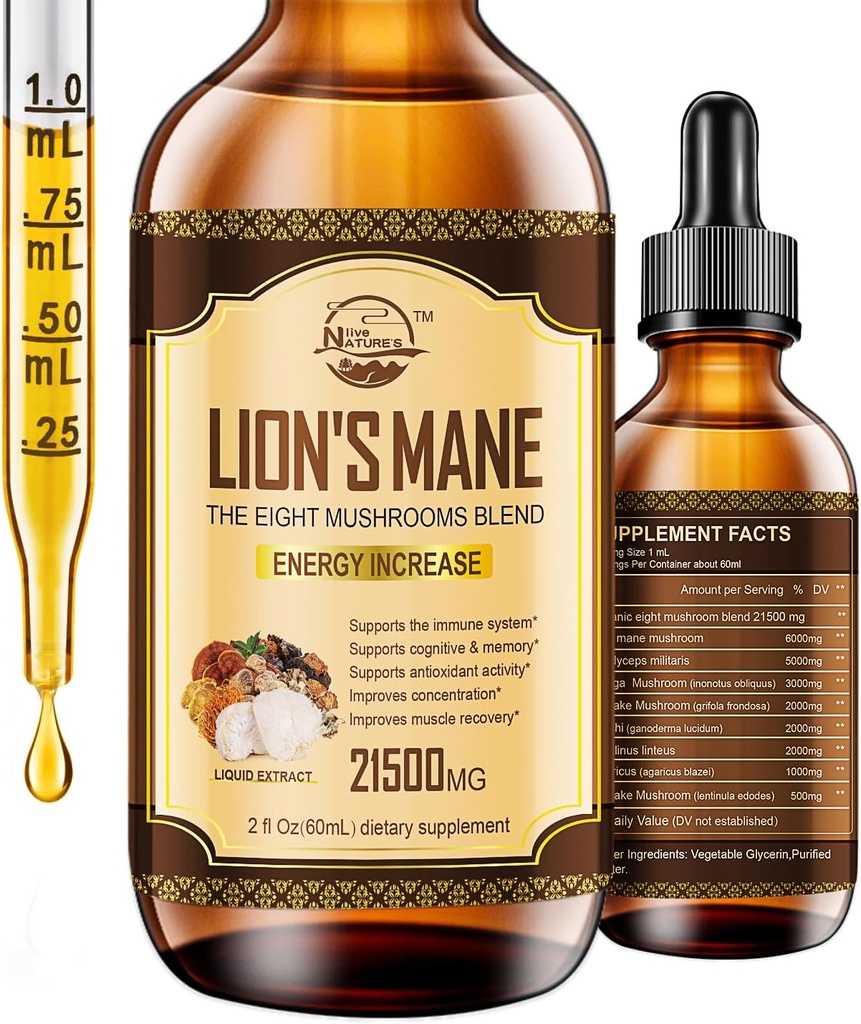 Lions Mane Supplement, Liquid Mushroom Extract Drops, 8 Mushrooms Complex for Cognitive Support and Immunity Boost, Up to 2 Month Supply, Mushroom Supplement with Lion's Mane, Cordyceps, Reishi