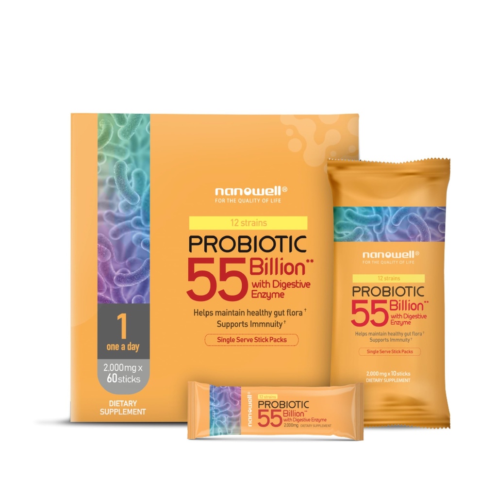 NANOWELL 12 Strains Probiyotik 55 Milyar CFU with Digestive Enzymes Toz - Immune Support, Gut Health, Probiyotiks, Prebiyotiks & Postbiyotiks - 60 Sticks, 60 Day Supply
