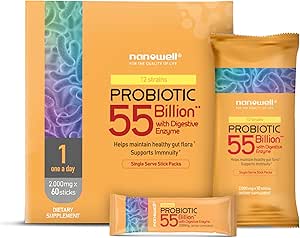 NANOWELL 12 Strains Probiyotik 55 Milyar CFU with Digestive Enzymes Toz - Immune Support, Gut Health, Probiyotiks, Prebiyotiks & Postbiyotiks - 60 Sticks, 60 Day Supply