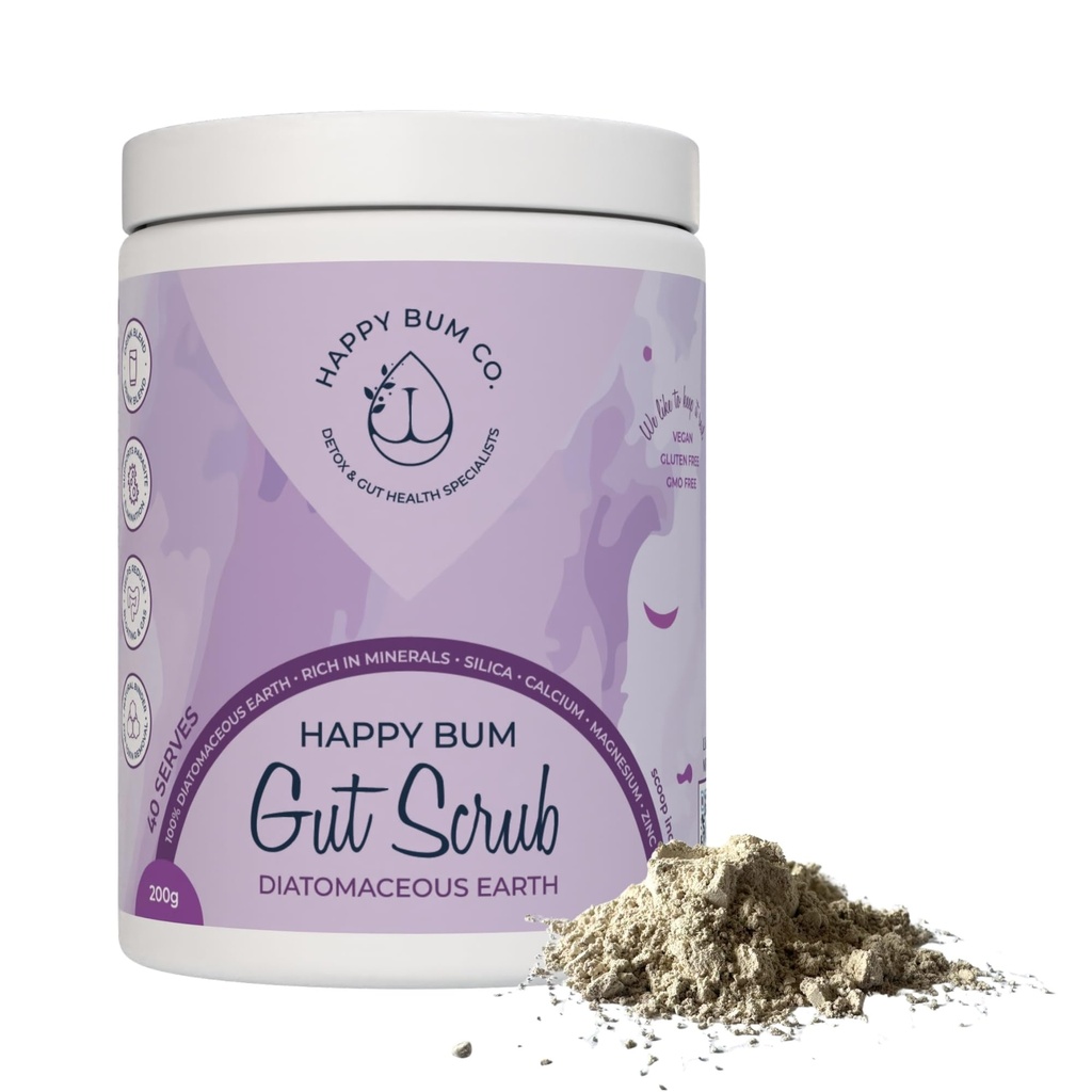Happy Bum Gut Scrub - Diatomaceous Earth Food Grade for Humans | Mineral Powder Supports Gut Health, Bloating Relief | Rich in Silica, Zinc & Minerals for Healthy Hair, Skin, Nail - 150g