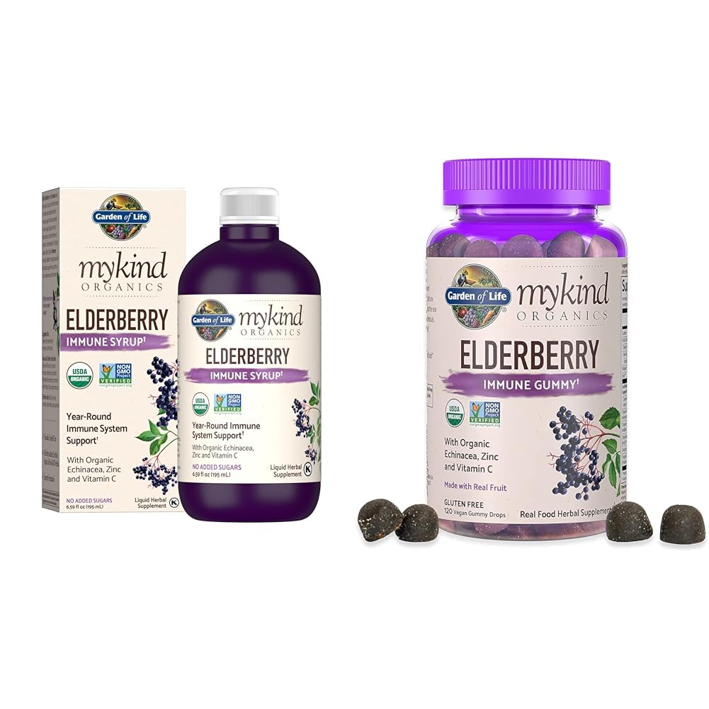 Life Organics Plant-Based Elder Immune Syrup 6.59 fl oz & Organics Elderberry Gummies for Yetişkinler & Kids