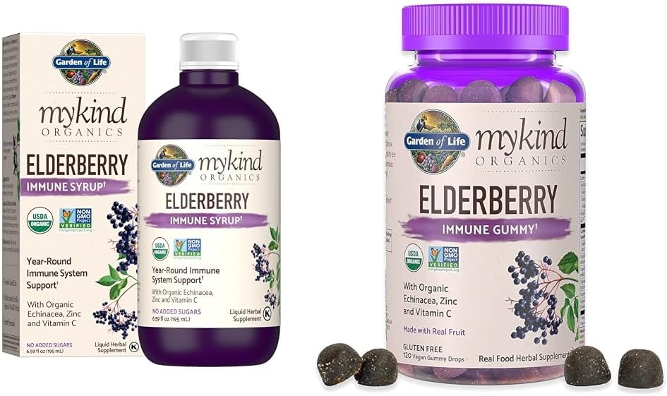 Life Organics Plant-Based Elder Immune Syrup 6.59 fl oz & Organics Elderberry Gummies for Yetişkinler & Kids