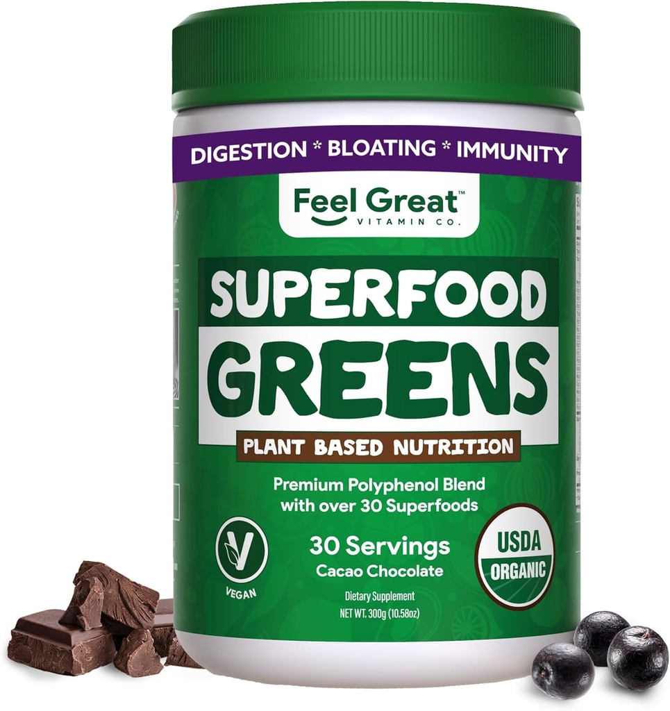 Great Organic Superfood Greens Toz - Cocoa Chocolate | Meyve & Sebze Supplement | 20 Yeşiller, Meyveler & Veggies, Fiber, Probiyotikler & Digestive Enzymes | 30 Hizmet