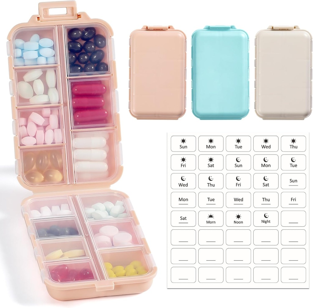 3 Pack, 14 GRIDS Seyahat Pill Organizer Box ile Etiketler - Travel Medicine Case Kit - Pocket Daily Eczane Konteyner - Balık Yağ Vitamini Ek Depolama için Seyahat İlaçları