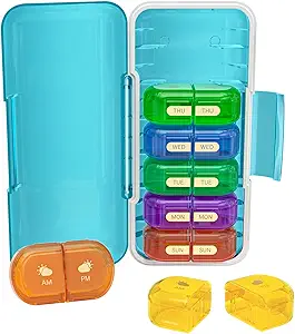 Haftalık Pill Organizer 2 Times a Day, Moisture-Proof, Detachable Karşılaştırmalar, AM PM Pill Box 2X 7 Gün, Travel Pill Organizer for Pills/Fish Oil/Medication /Vitamin/Supplements (Mavi + Renkli)