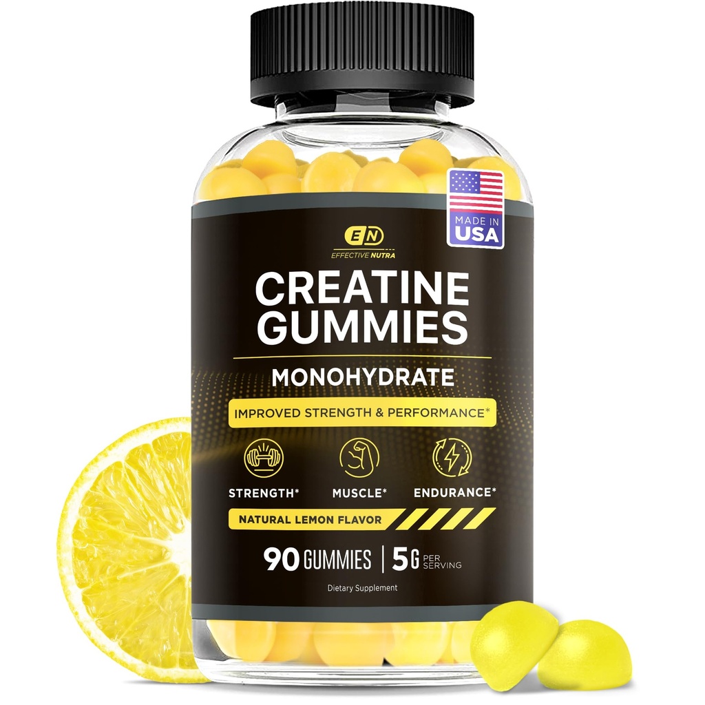 Etkili Nutra Kreatine Monohidrat Gummies - Gummy başına 1g Tinatine - Erkekler ve Kadınlar için Vegan Kas & Güçlü Tamam - Kas Büyüme, Enerji, Endurance - Lemon Flavor, ABD'de (90ct)