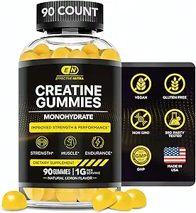 Etkili Nutra Kreatine Monohidrat Gummies - Gummy başına 1g Tinatine - Erkekler ve Kadınlar için Vegan Kas & Güçlü Tamam - Kas Büyüme, Enerji, Endurance - Lemon Flavor, ABD'de (90ct)
