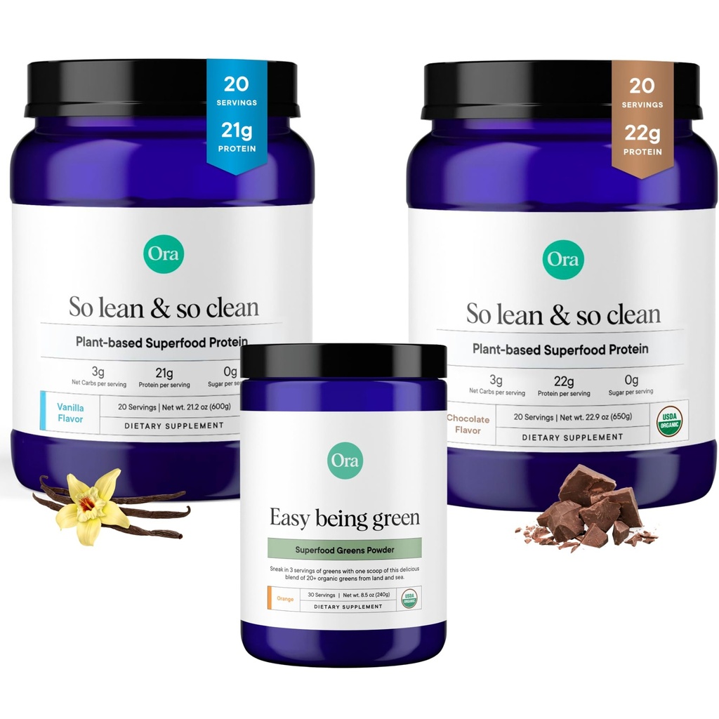 Ora Organic Vegan Protein Powder Chocolate, Vanila & Greens Powder Bundle: 22g Plant Based, Chocolate, 20 μερίδες + 21g Plant Based, Vanilla, 20 μερίδες + Βιολογικό Super Greens Ποτό, 30 μερίδες